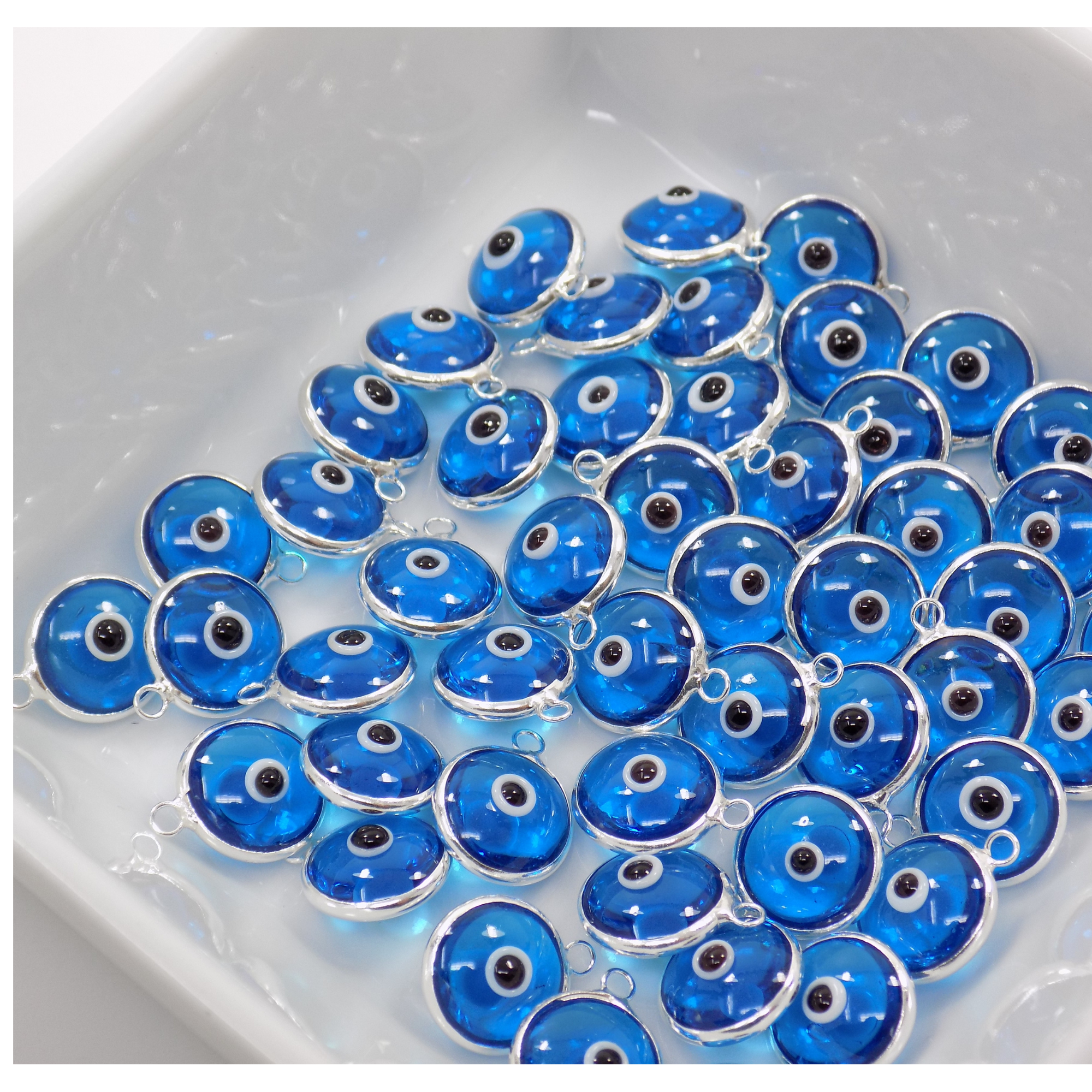 Blue Evil Eye 925 Sterling Silver Bezel Turquoise Nazar Evil Eye 10mm Glass Bead Charm