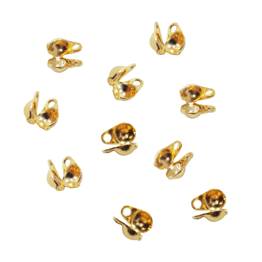 18K Gold Plated Clamshell Bead Tip with 2 Rings Hole 1.2mm, Ball Chain Connector, Knot Cover 3mm Crimp Ball