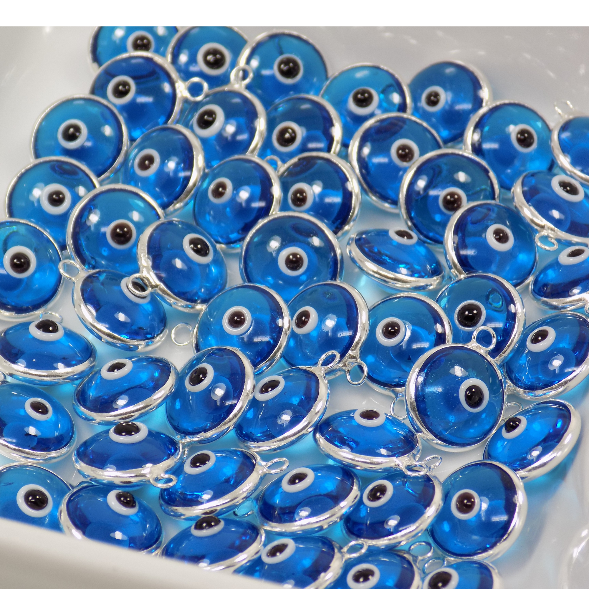 Blue Evil Eye 925 Sterling Silver Bezel, Turquoise Nazar Evil Eye 10mm Glass Bead Charm